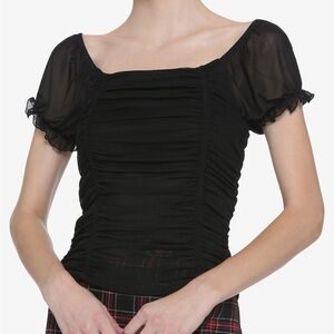 Forever 21 Black Ruched Ruffle Sheer Sleeve Fitted Square Neck Crop Blouse Top